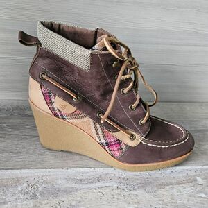 Sperry Top-Sider GOLDFISH Wedge Boat Shoes Womens Size 9M Brown Leather & Plaid